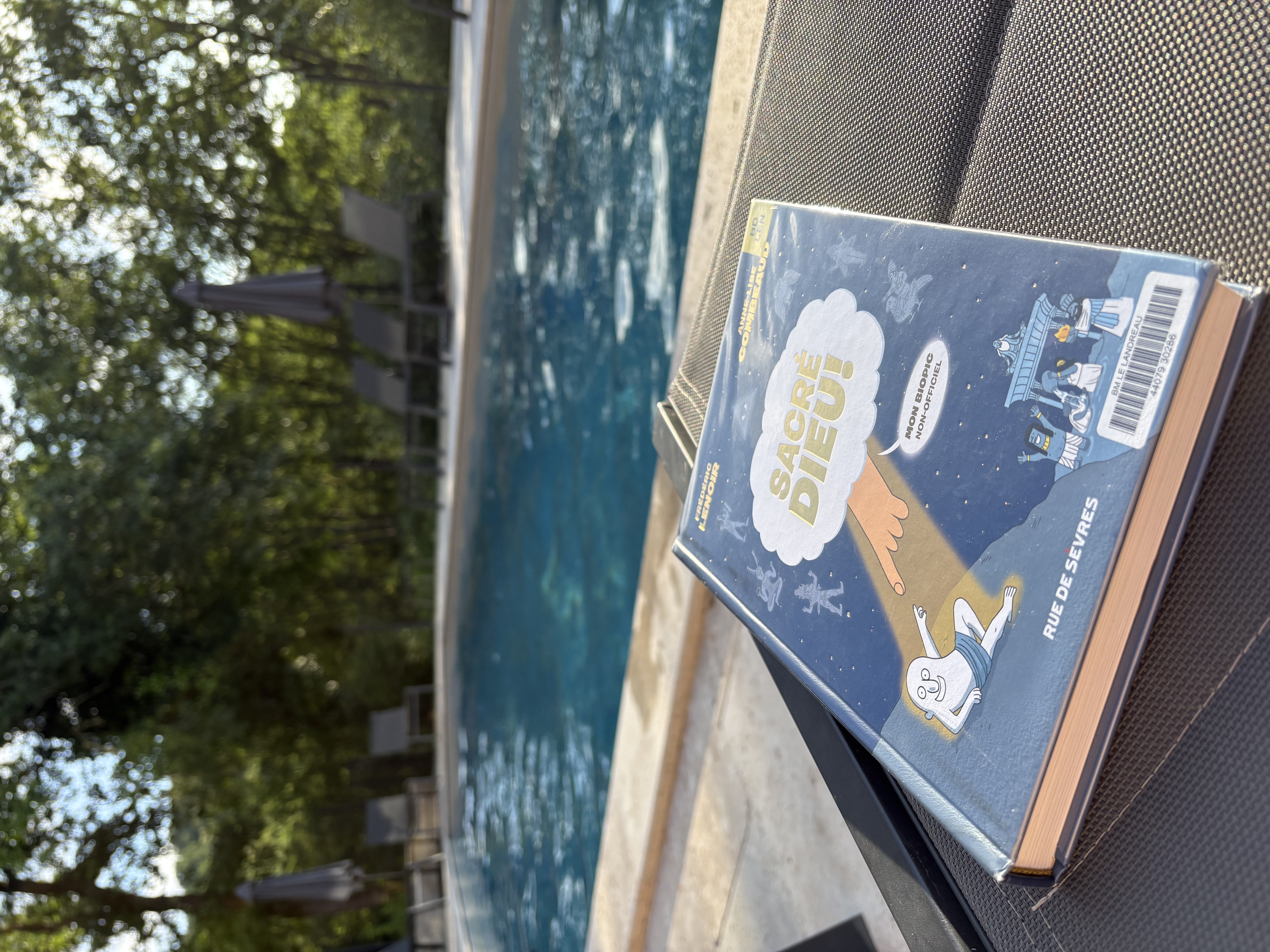 Livre devant une piscine